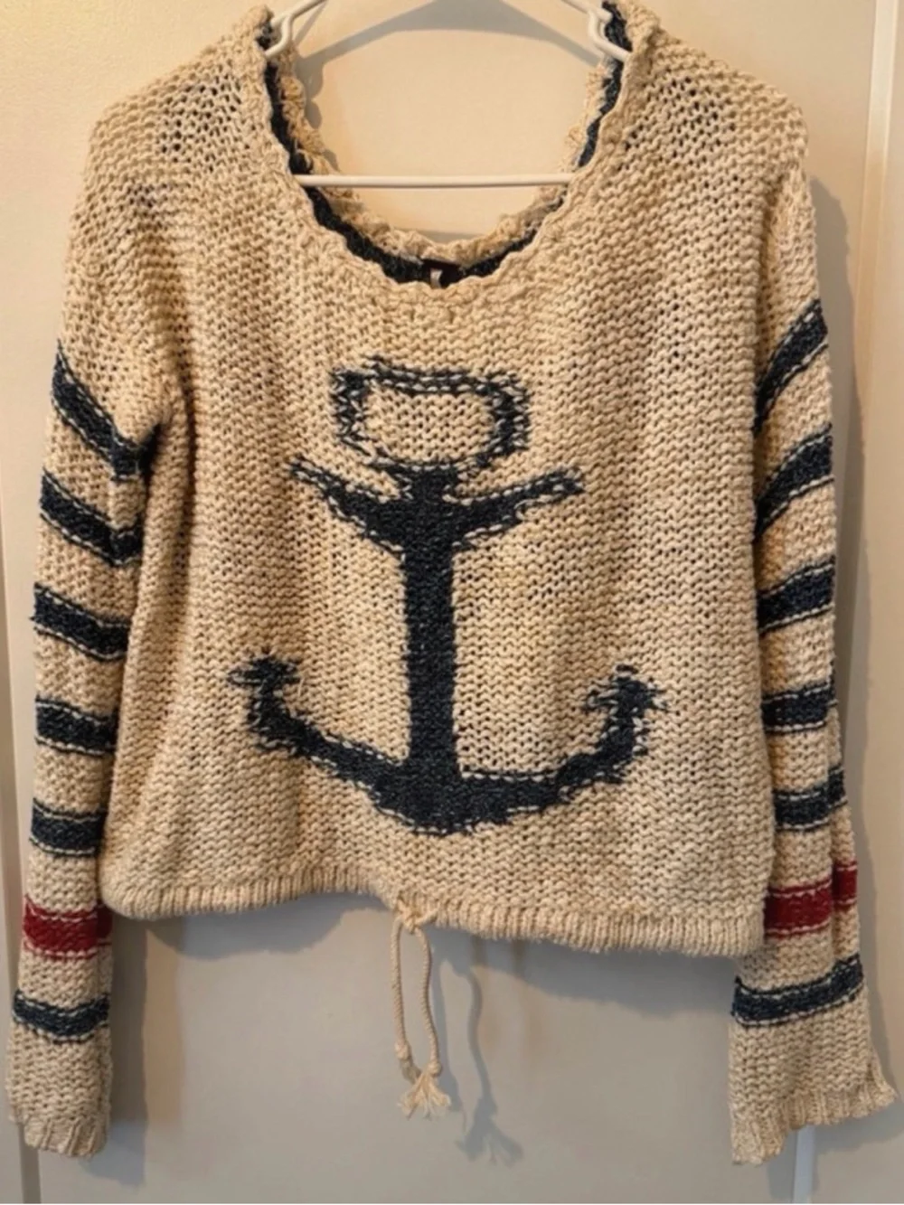 Free People Nautical Anchor Knit Sweater - Cream with Navy & Red size M - Picture 4 of 6